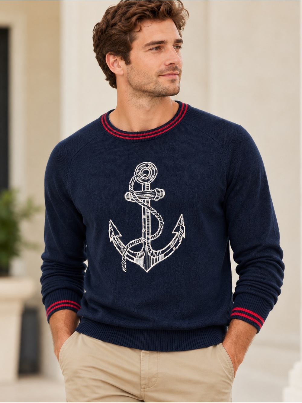 Brooks Brothers Anchor Intarsia Crewneck Sweater Navy Men’s Large